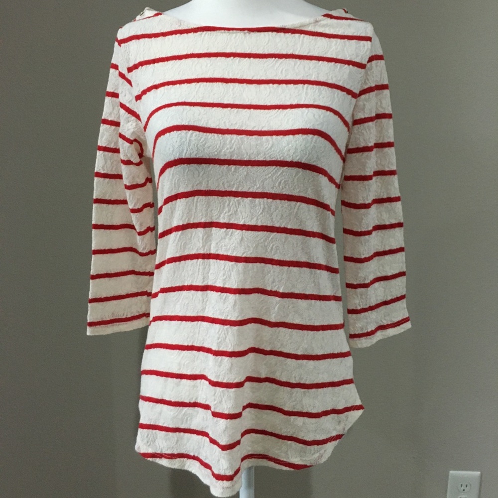 Anthro ivory and red lace stripe tee